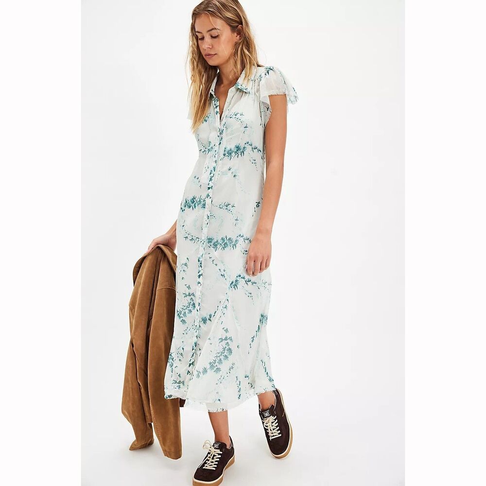Free People Cannaday Maxi Dress Floral Printed Buttondown Flutter XS New 284194